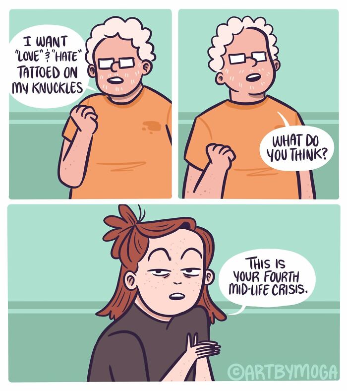 Comic strip showing a conversation about tattoos and mid-life crises, illustrating everyday chaos in relationships.