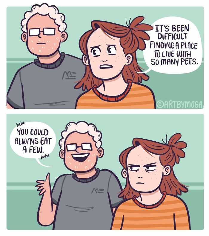 Two people in a comic about pets and relationships, with one suggesting an unusual solution to living with many pets.