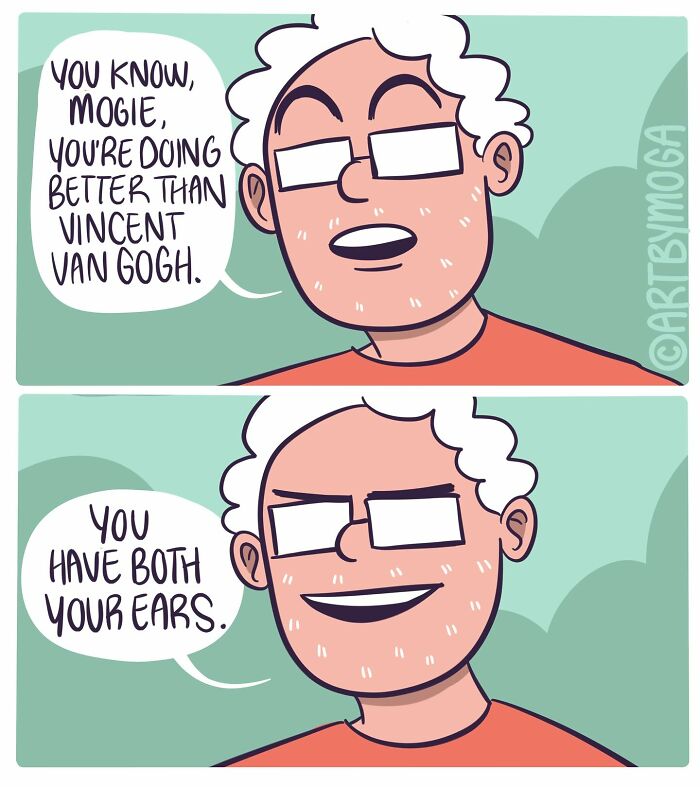 Comic panel showing a man jokingly telling his pet it is doing better, highlighting humor in pets and everyday chaos.