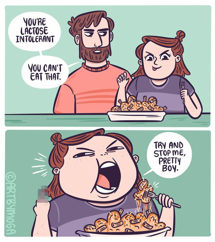 Comic panel of a woman defiantly eating pasta despite a man warning she is lactose intolerant, showing relationship chaos and humor.