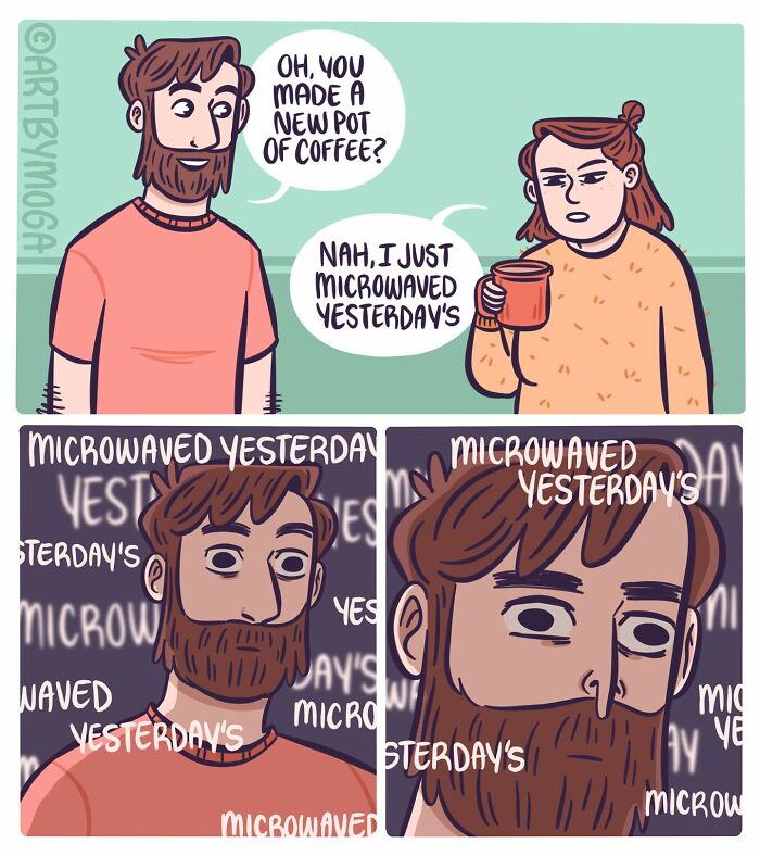Comic panels showing a humorous conversation about microwaving yesterday’s coffee in everyday relationships.