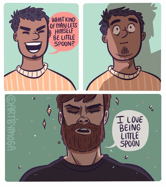 Comic strip depicting two men discussing and enjoying the concept of being the little spoon in relationships.