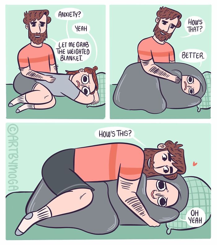 Comic strip showing a couple using a weighted blanket to ease anxiety, capturing relationships and everyday chaos moments.