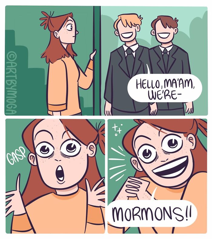 Comic panels show a woman surprised by two men in suits, capturing everyday chaos and relationship humor in a pets-themed comic.