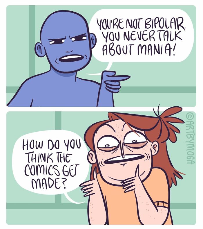 Two characters in a comic discussing bipolar disorder and how comics about pets and everyday chaos are made.