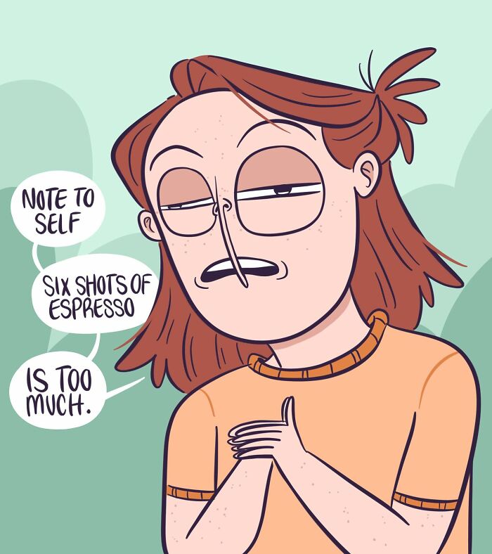 Tired cartoon person with red hair and frustrated expression in a comic about pets, relationships, and everyday chaos.