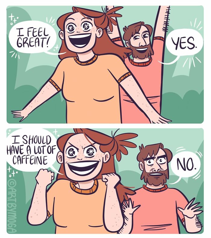 Comic panels showing a woman and man in a humorous relationship moment, capturing everyday chaos and pet-like energy.