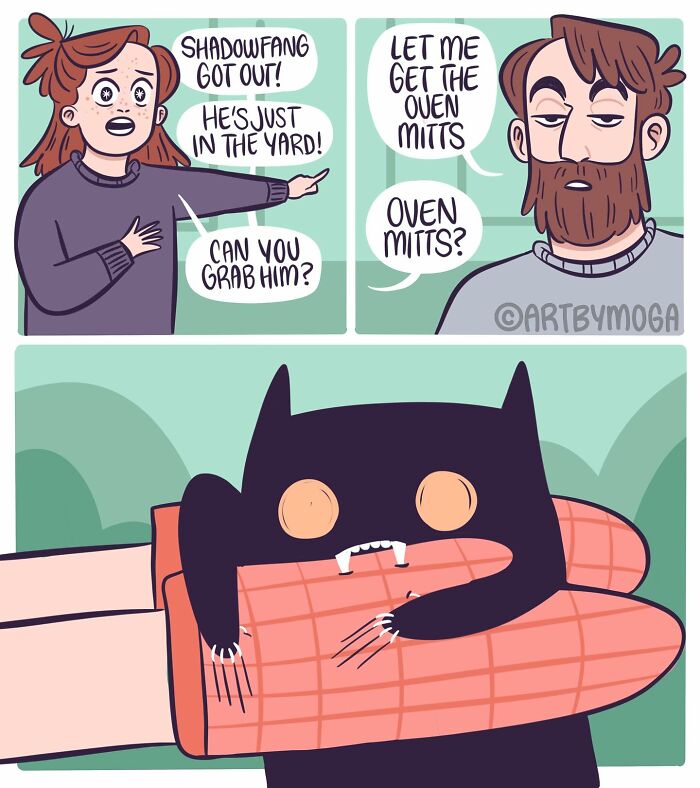 Couple dealing with pet chaos as a black cat bites oven mitt in a comic about pets and everyday relationships.