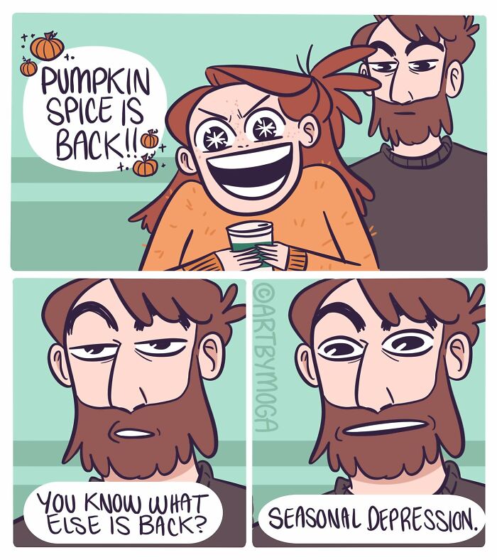 Comic about relationships showing a couple discussing pumpkin spice and seasonal depression with expressive faces.