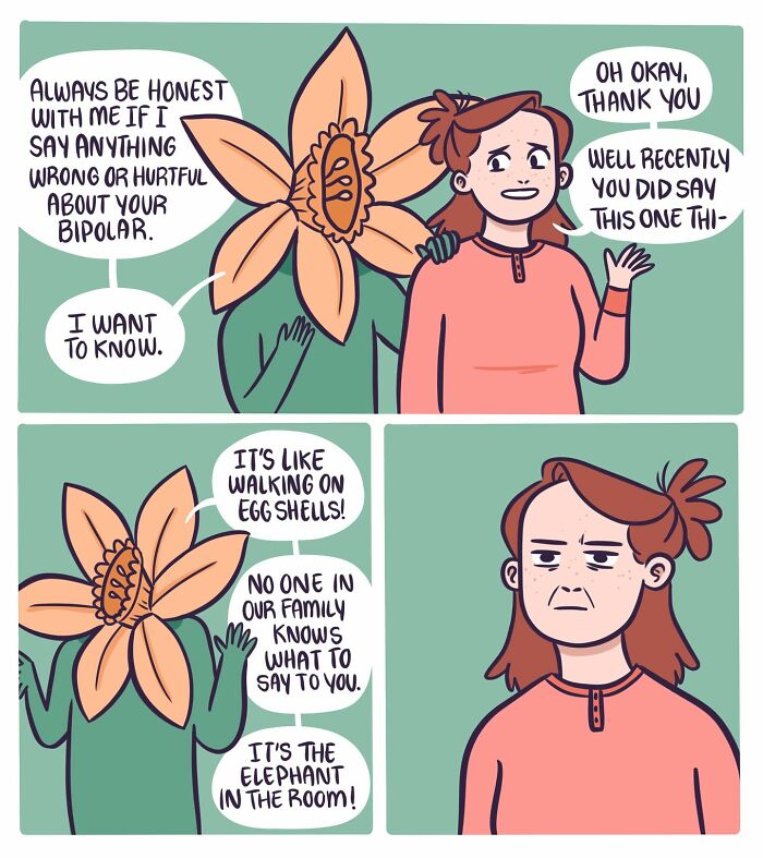 Comic panels showing a conversation about bipolar disorder with characters depicting everyday chaos and relationship challenges.