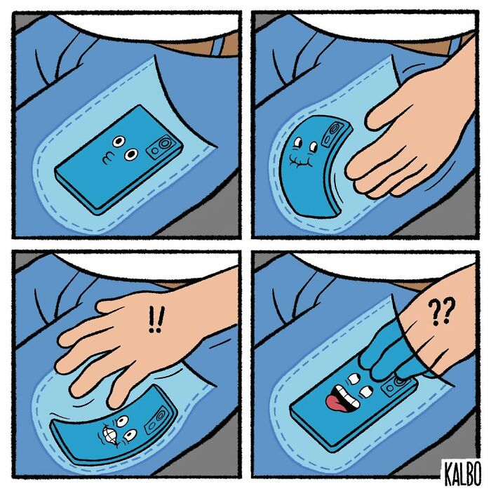 Comic strip by Tarantadong Kalbo showing a humorous interaction between a hand and a phone in a pocket.