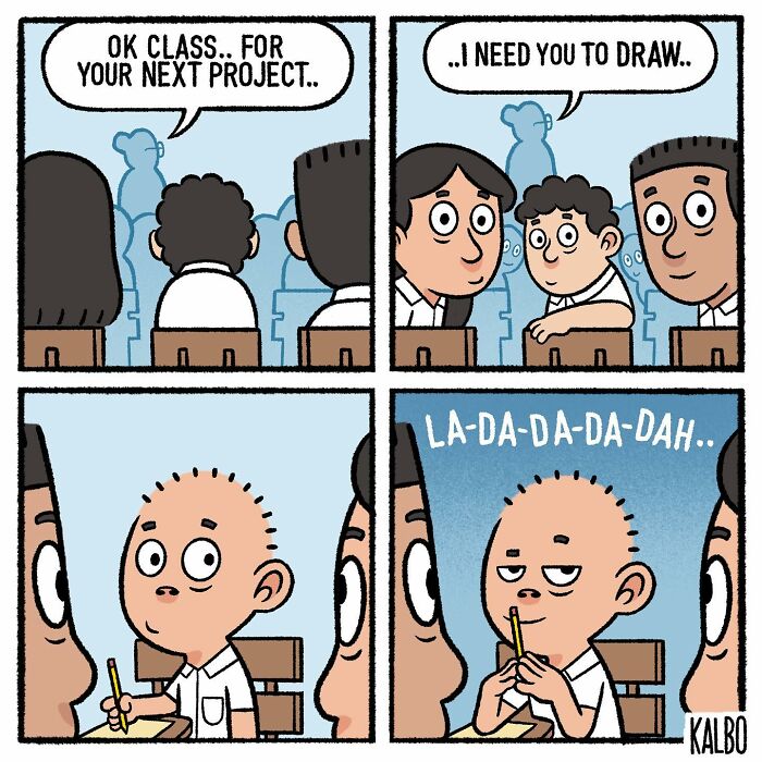 Comic strip by Tarantadong Kalbo showing humorous classroom scene capturing life and nostalgia moments.