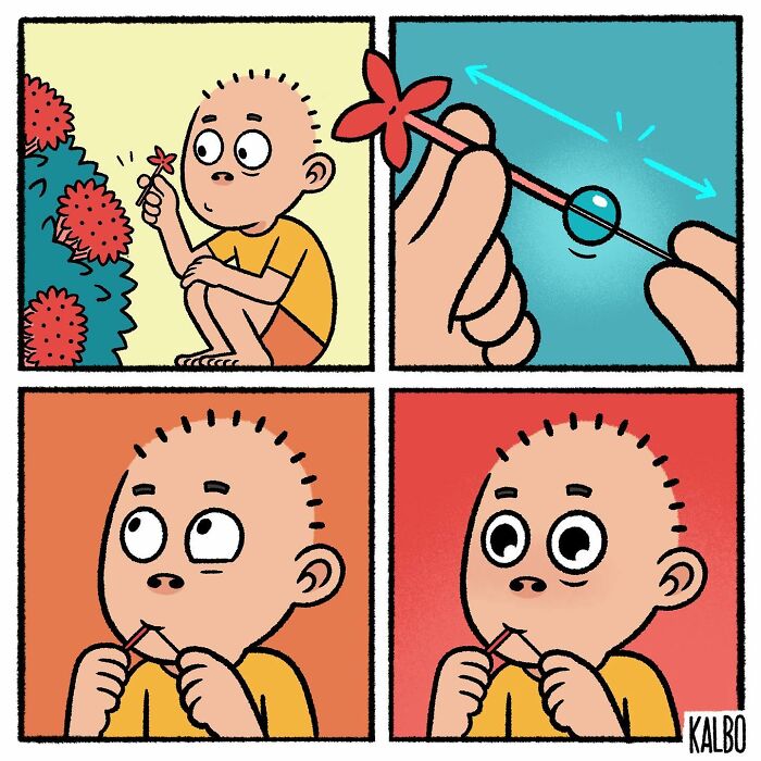 Comic strip by Tarantadong Kalbo shows a boy creating a flower whistle, capturing humor and life moments.