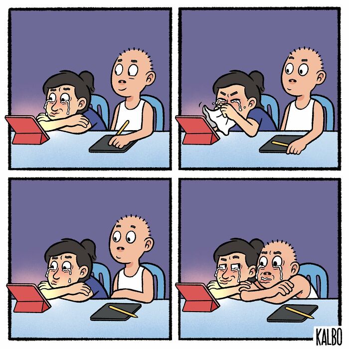 Comic strip by Tarantadong Kalbo showing two characters sharing emotional moments with humor and nostalgia.