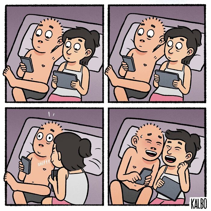 Couple sharing tender and humorous moments together in a comic strip by Tarantadong Kalbo, capturing life and nostalgia.