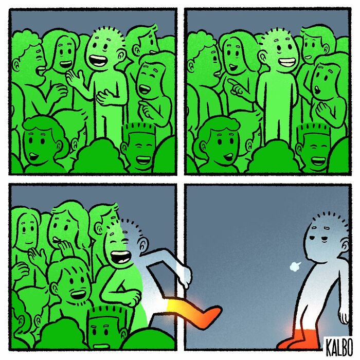 Comic by Tarantadong Kalbo showing a character humorously exiting a crowd, capturing life and humor in the scene.