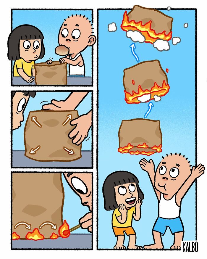 Comic by Tarantadong Kalbo showing kids playfully setting a paper bag on fire, capturing humor and nostalgia in life moments.