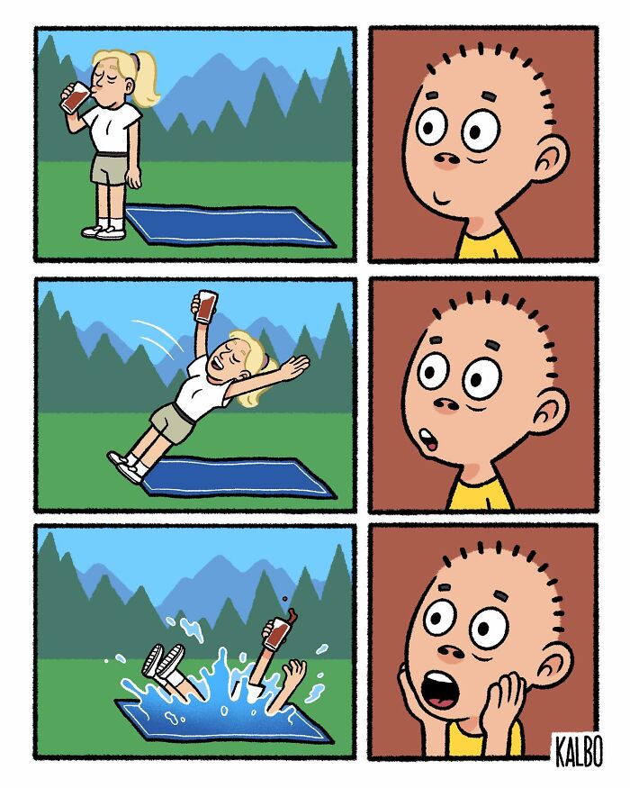 Comic panels by Tarantadong Kalbo showing a girl falling into water and a boy’s surprised reactions capturing humor and life moments.