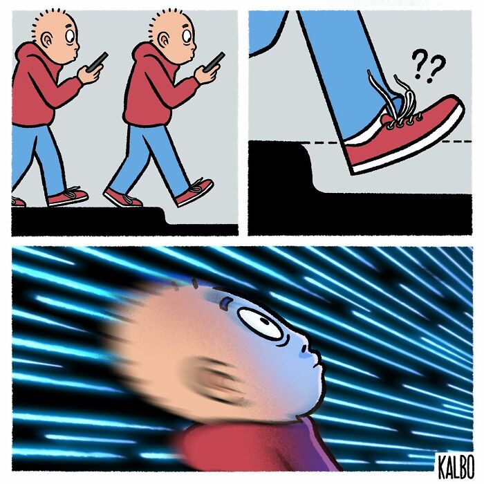 Comic strip by Tarantadong Kalbo showing a person distracted by phone, tripping, then reacting in a humorous way.