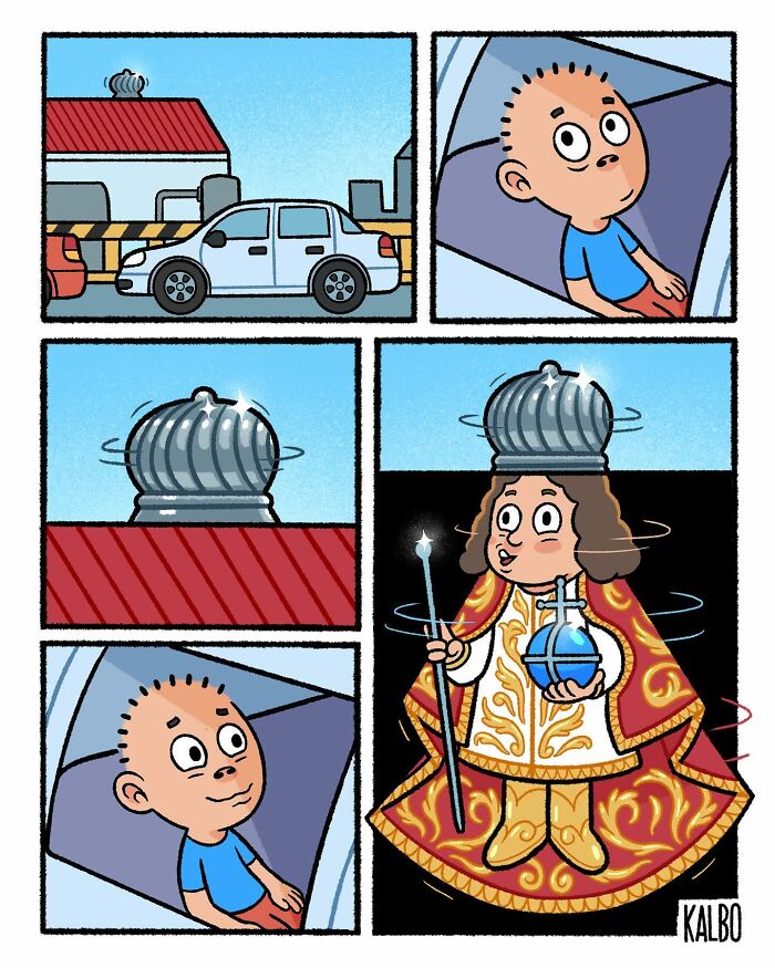 Comic panels by Tarantadong Kalbo showing a boy watching a spinning roof ventilator transforming into a humorous royal figure.