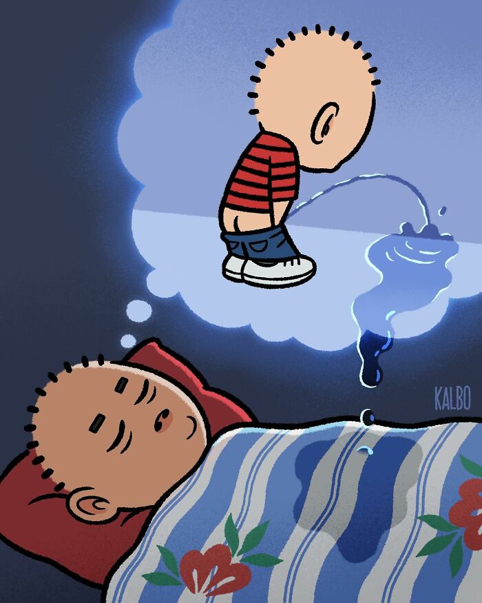 Comic by Tarantadong Kalbo showing a child sleeping and imagining a funny scene of a boy peeing in the dark.