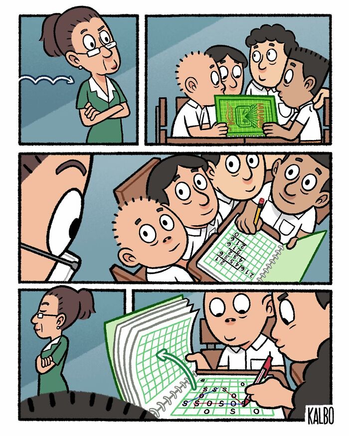 Comic panels by Tarantadong Kalbo showing students humorously solving a grid puzzle in a classroom setting capturing life and nostalgia.