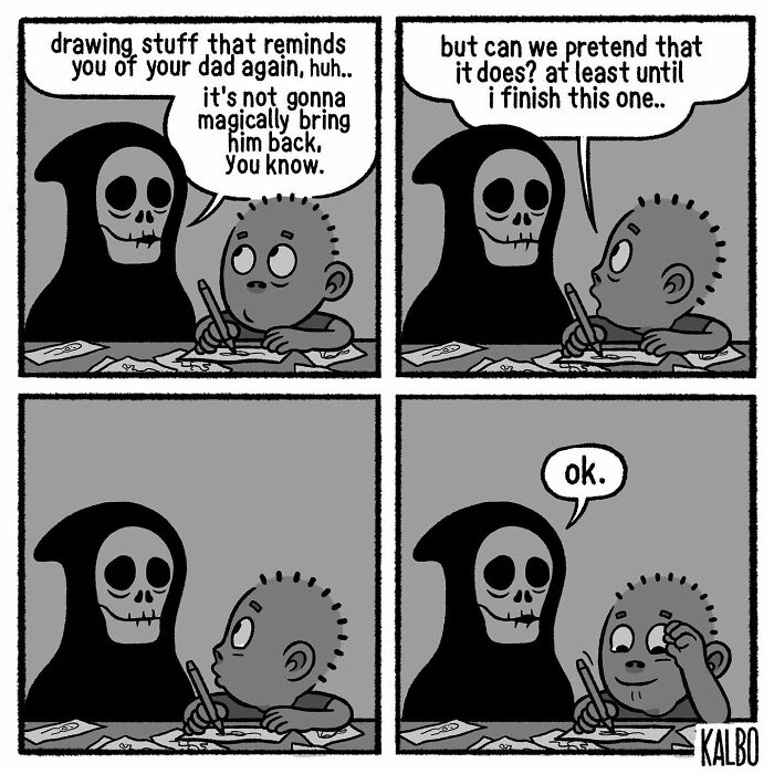 Comic strip by Tarantadong Kalbo showing a boy and a skeletal figure capturing life, humor, and nostalgia in black and white.