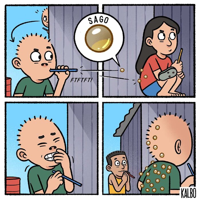Comic panels showing kids playing with sago pearls, capturing humor and nostalgia in comics by Tarantadong Kalbo.