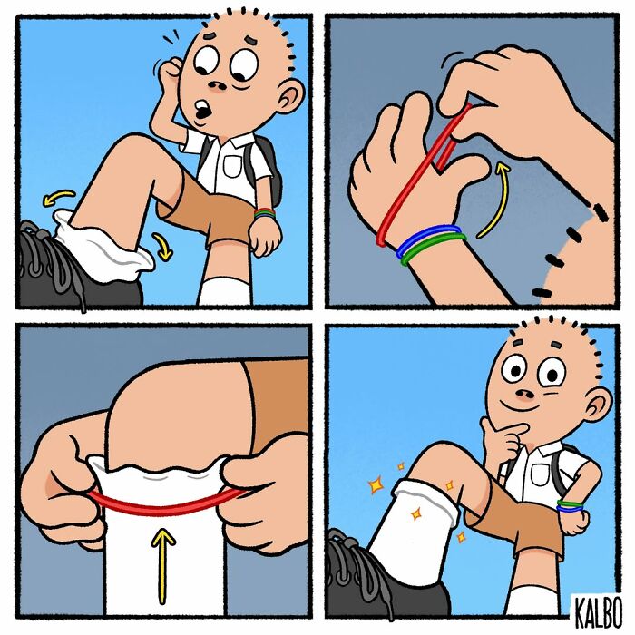 Comic strip by Tarantadong Kalbo showing a humorous attempt to keep socks from slipping, capturing life and humor.