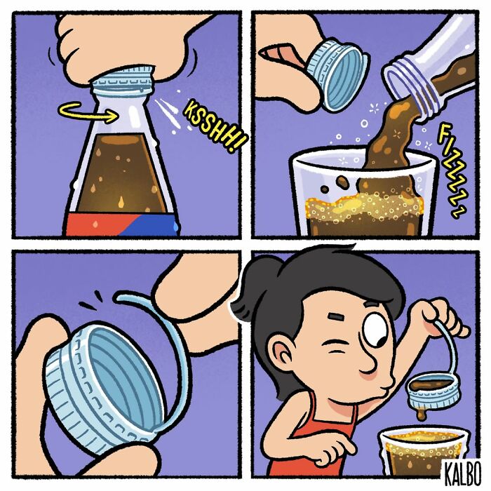 Comic panels showing a person opening a soda bottle, pouring the drink, and using the cap to drink, depicting humor and life moments.
