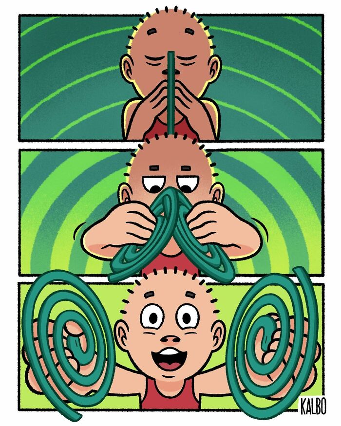 Comic strip by Tarantadong Kalbo showing a character humorously unfolding two spiral objects with a nostalgic expression.
