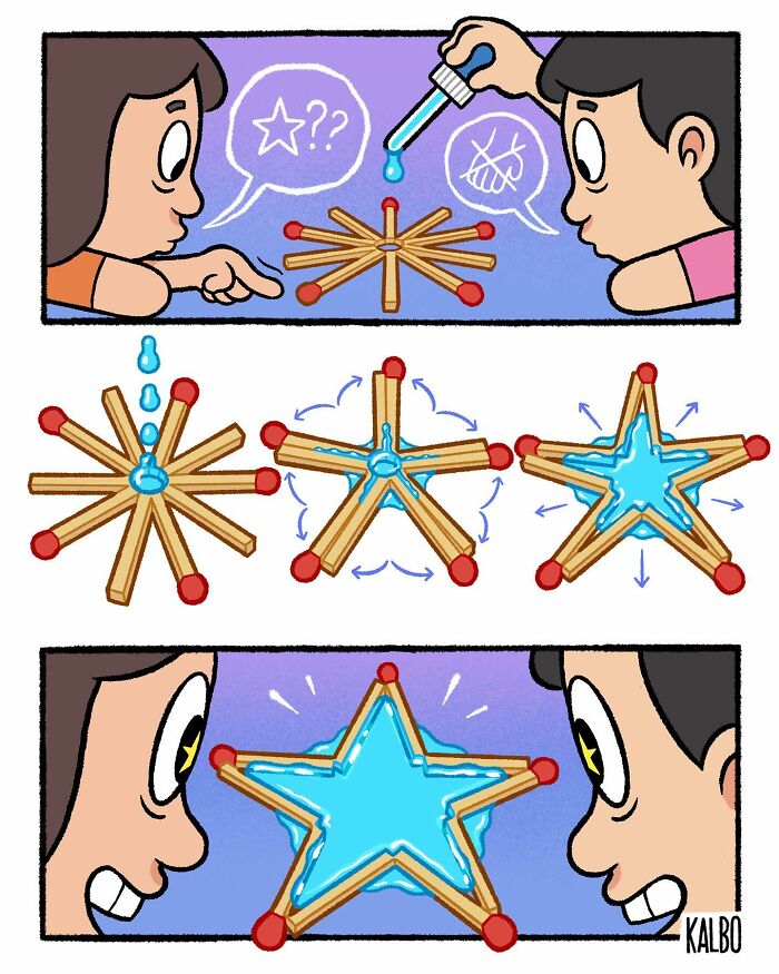 Cartoon by Tarantadong Kalbo showing kids creating a blue star shape from matchsticks, capturing humor and nostalgia.