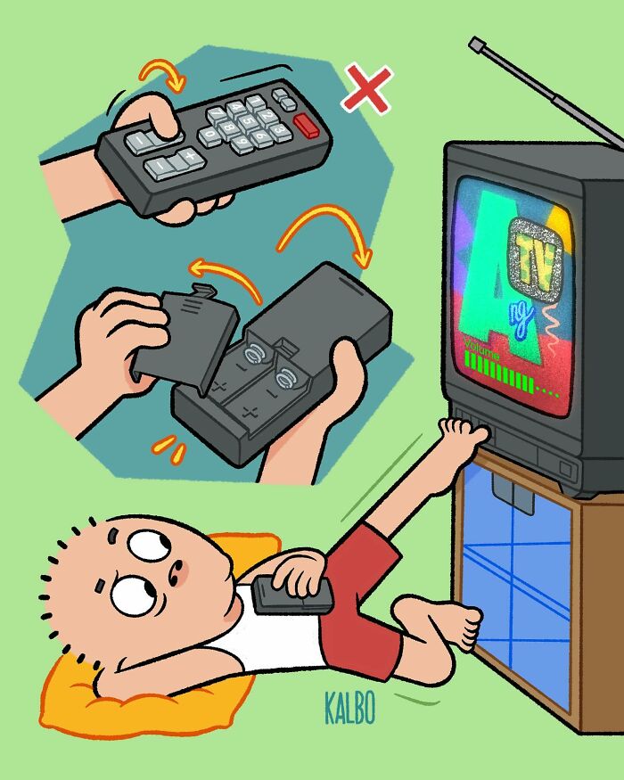 Comic of a boy lying down with a TV remote, showing humor and nostalgia in comics by Tarantadong Kalbo.