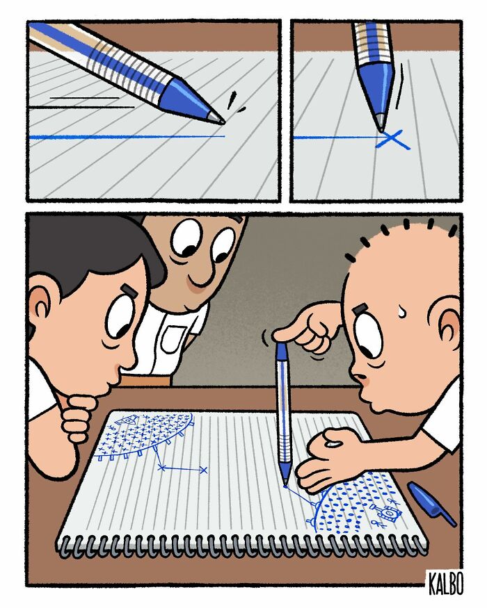 Comic by Tarantadong Kalbo showing kids using a pen to creatively draw a game on notebook paper, capturing humor and life.