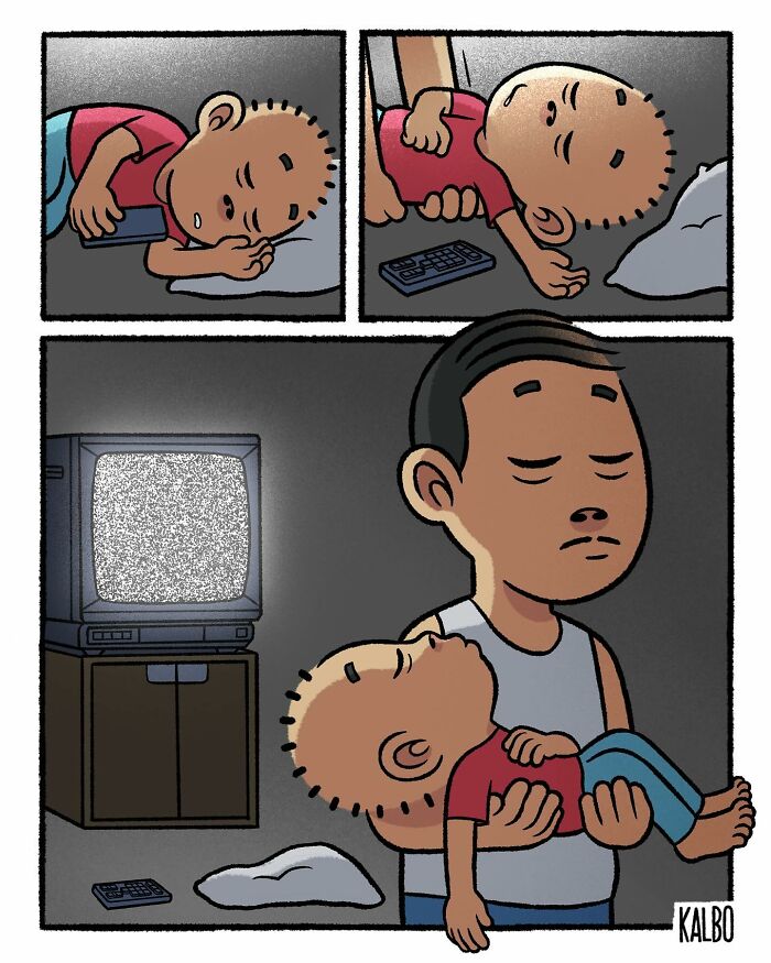 Comic by Tarantadong Kalbo showing a child falling asleep watching TV static and being carried by an adult, capturing humor and nostalgia.