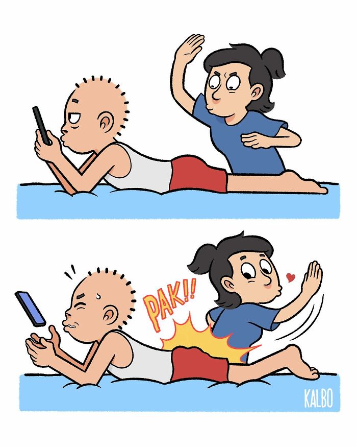 Comic by Tarantadong Kalbo showing a humorous scene of playful interaction capturing life and nostalgia.