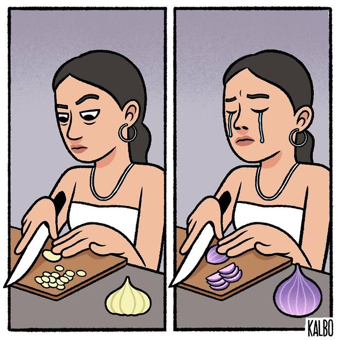 Comic by Tarantadong Kalbo showing a woman chopping garlic then crying while chopping onions, capturing life and humor.