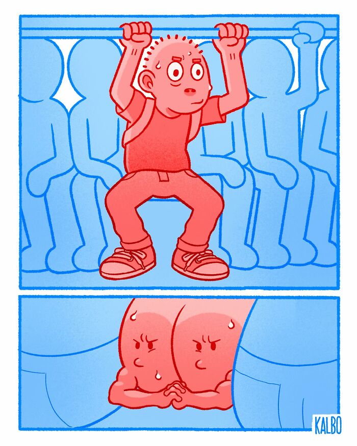 Comic by Tarantadong Kalbo showing a crowded train scene with humorous close contact between passengers capturing life and humor.