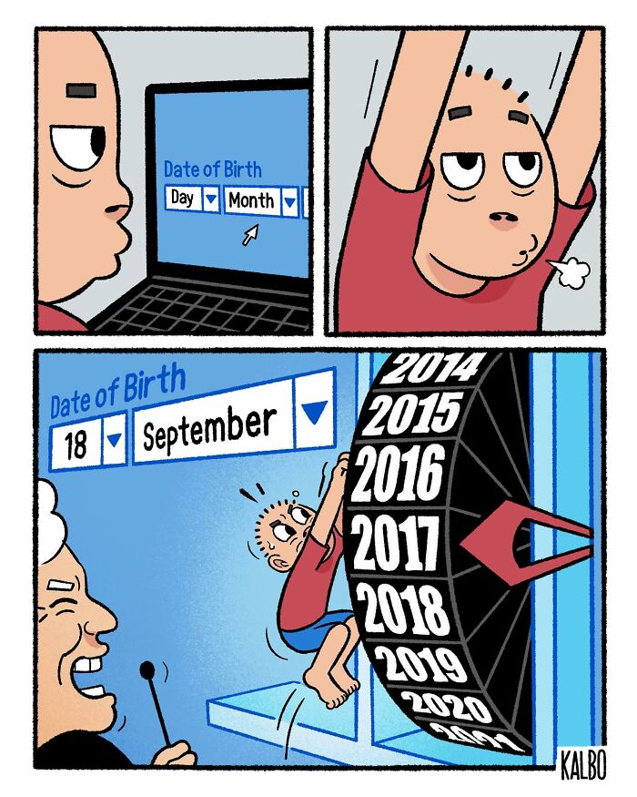 Comic by Tarantadong Kalbo showing humor and nostalgia about selecting birth year on a spinning wheel representing life’s passage.