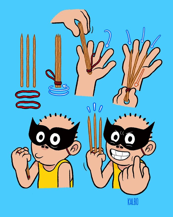 Comic illustration by Tarantadong Kalbo showing a character using sticks and rubber bands to create a makeshift weapon with humor and nostalgia.