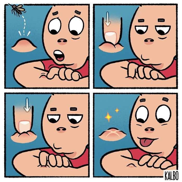 Comic strip by Tarantadong Kalbo showing a man reacting humorously to a mosquito bite on his arm.