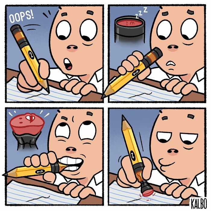 Comic by Tarantadong Kalbo showing a humorous pencil with an eraser top used as a pen in a nostalgic cartoon style.