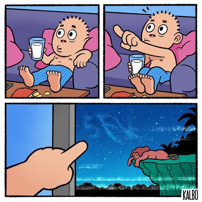 Comic strip by Tarantadong Kalbo showing a character relaxing with milk and pointing at a starry night sky with a lion.