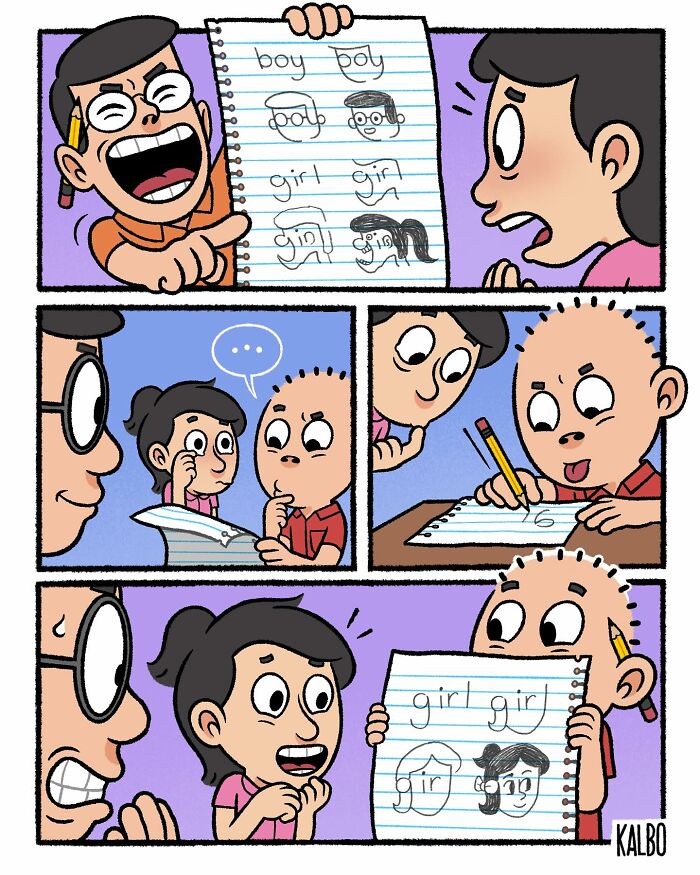 Comic strip by Tarantadong Kalbo showing kids learning to write with humor, capturing life moments and nostalgic school memories.