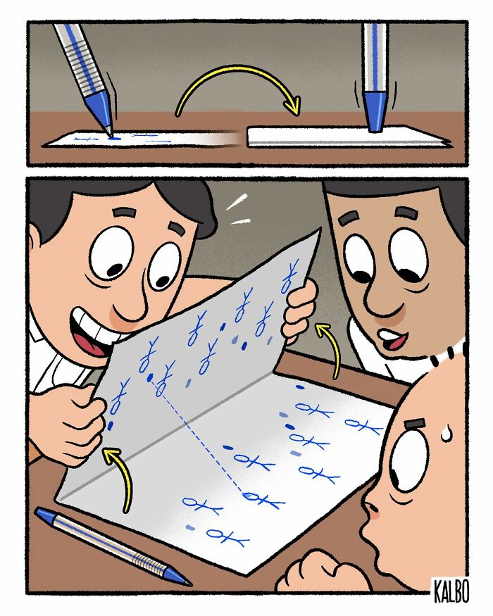 Comic panel by Tarantadong Kalbo showing friends playfully interacting with a paper game capturing life and humor.