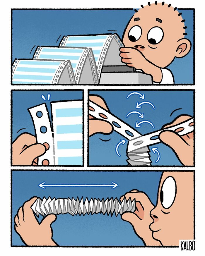 Comic by Tarantadong Kalbo showing a character folding and stretching paper strips, capturing humor and nostalgia in life moments.