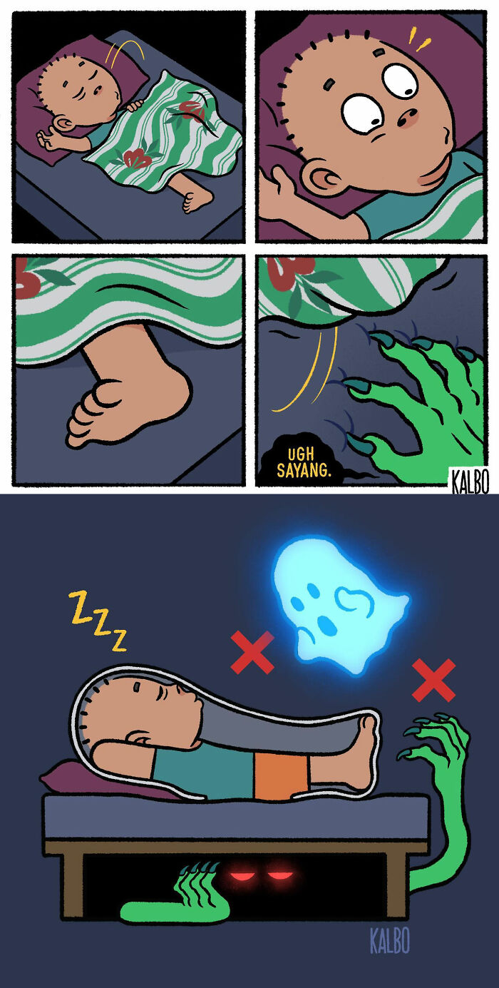 Comic panels by Tarantadong Kalbo showing a sleeping boy with a monster hand lurking and a ghost disappearing to capture humor and life moments.