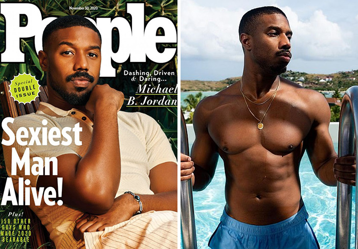 Michael B Jordan featured as one of People's sexiest man alive winners, showcasing style and fitness in two photos.