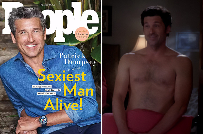 Patrick Dempsey on People cover as Sexiest Man Alive, with a shirtless man in a dimly lit room holding a towel.