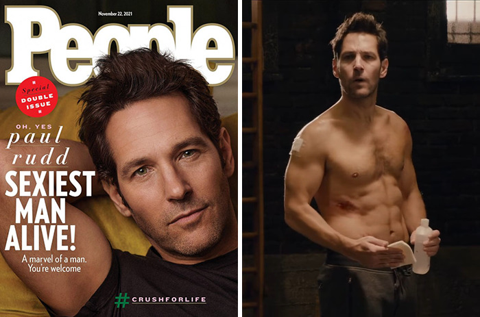 Paul Rudd featured on People cover as Sexiest Man Alive, shirtless and fit, representing recent winners of the title.